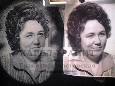 Сравнение гравировки с фото-оригиналом №-7. Портрет женщины в полосатом платье на гранитной стеле. Работа мастерской Карел-Гранит.