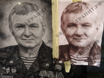 Сравнение гравировки с фото-оригиналом №-11. Портрет мужчины в военной форме с медалями на гранитной стеле. Работа мастерской Карел-Гранит.